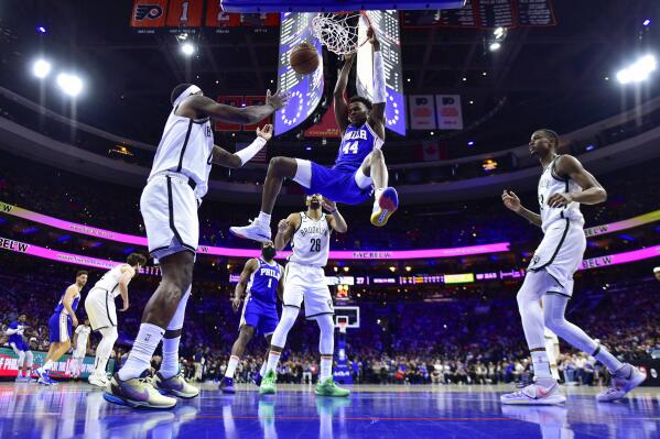 Philadelphia 76ers' Paul Reed (44) dunks the ball in the first half during Game 2 in the first round of the NBA basketball playoffs against the Brooklyn Nets, Monday, April 17, 2023, in Philadelphia. (AP Photo/Derik Hamilton)