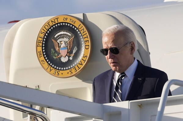 President Joe Biden arrives on Air Force One at Delaware Air National Guard Base in New Castle, Del., Friday, April 12, 2024.(AP Photo/Pablo Martinez Monsivais)