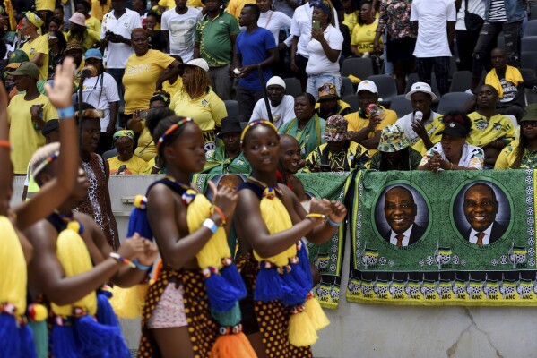 African National Congress supporters at the Mbombela, South Africa, Stadium Saturday, Jan. 13, 2024. The ruling party celebrated the 112th anniversary of its establishment ahead of national elections, expected to be the toughest since it came to power in 1994. (AP Photo)