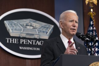 President Joe Biden speaks at the Pentagon, Wednesday, Feb. 10, 2021, in Washington. (AP Photo/Alex Brandon, Pool)