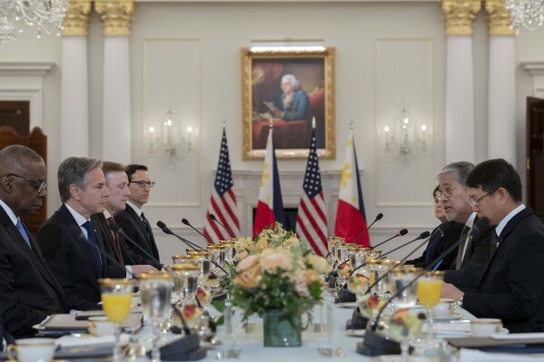 Secretary of State Antony Blinken, second from left, speaks during a bilateral meeting with Philippines Foreign Affairs Secretary Enrique Manalo, second from right, at Department of State in Washington, Friday April 12, 2024. (AP Photo/Jose Luis Magana)