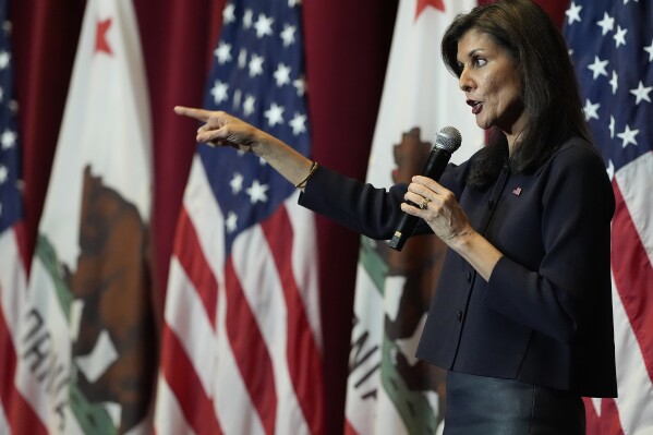 Republican presidential candidate former U.N. Ambassador Nikki Haley speaks during a campaign event at the Hollywood American Legion Post 43, Wednesday, Feb. 7, 2024, in Los Angeles.(AP Photo/Damian Dovarganes)