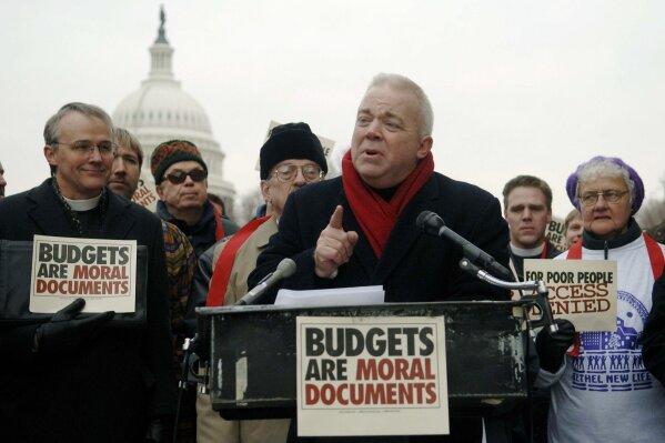 FILE - In this Wednesday, Dec. 14, 2005 file photo, Jim Wallis, a founder of Sojourners - Christians for justice and peace, speaks at a news conference on the steps of the Cannon House Office Build...