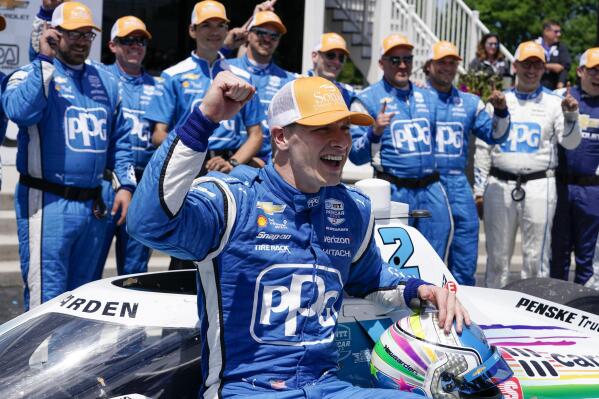 Josef Newgarden reacts after winning the Sonsio Grand Prix auto race Sunday, June 12, 2022, in Elkhart Lake, Wis. (AP Photo/Morry Gash)