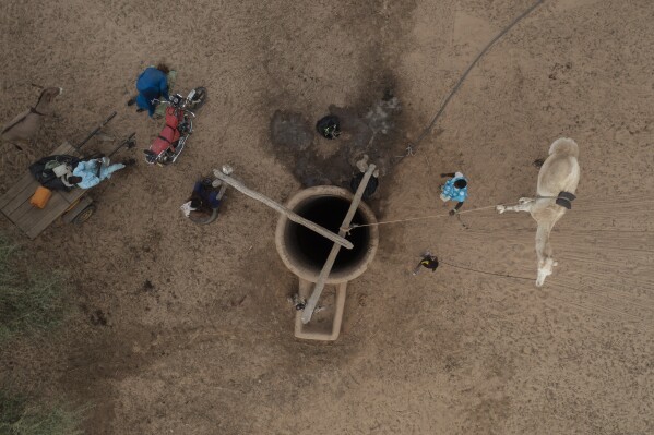 Amadou Tidiany Sow, 50, top left, prays as a man collects water from a well with the help of a camel, during the holy month of Ramadan, at the village of Fete Forrou, in the Matam region of Senegal, Tuesday, April. 11, 2023. (AP Photo/Leo Correa)
