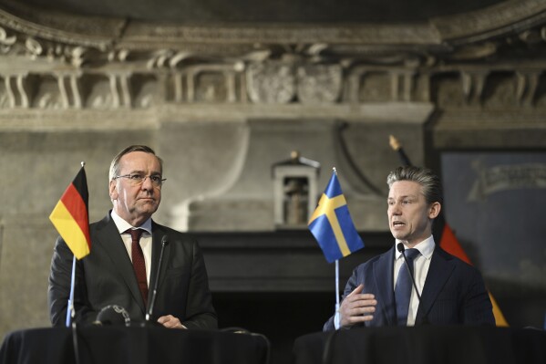 German Defense Minister Boris Pistorius, left, and Swedish Defense Minister Pål Jonson attend a news conference during their meeting at Karlberg Palace in Solna, Stockholm, Tuesday, March 5, 2024. (Pontus Lundahl/TT News Agency via AP)