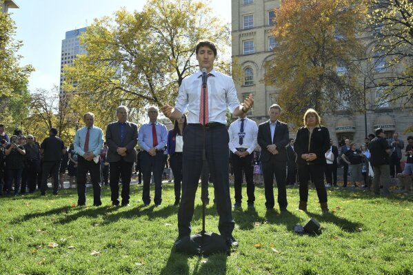 Canada's Prime Minister Justin Trudeau addresses the media in Winnipeg, Manitoba, Thursday, Sept. 19, 2019. Trudeau's campaign was hit Wednesday by the publication of a yearbook photo showing him in brownface makeup at a 2001 costume party. The prime minister apologized and said "it was a dumb thing to do." (Sean Kilpatrick/The Canadian Press via AP)