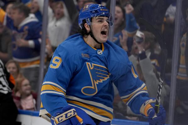 St. Louis Blues' Sammy Blais celebrates after scoring during the second period of an NHL hockey game against the Arizona Coyotes Saturday, Feb. 11, 2023, in St. Louis. (AP Photo/Jeff Roberson)
