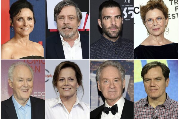 This combination photo shows actors, top row from left, Julia Louis-Dreyfus, Mark Hamill, Zachary Quinto, Annette Bening and bottom row from left, John Lithgow, Sigourney Weaver, Kevin Kline and Michael Shannon, who will participate in a live reading of passages from the Mueller report for "The Investigation: A Search for the Truth in Ten Acts," which will be streamed on the Law Works website. (AP Photo)