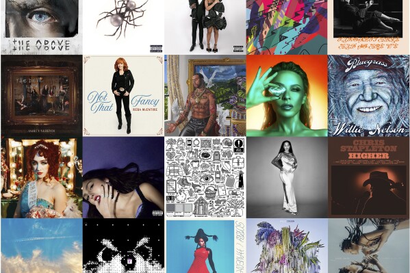 This combination of album covers shows, top row from left, "The Above" by Code Orange (Blue Grape Music), "Scarlet" by Doja Cat (Kemosabe/RCA), "Breath of Fresh Air" by Gucci Mane (Global Music/Atlantic), "Insano’" by Kid Cudi (Republic Records), "The Land Is Inhospitable and So Are We" by Mitski" (Dead Oceans), second row from left, "The Devil I Know" by Ashley McBryde (Warner Nashville), "Not That Fancy" by Reba McEntire (UMG), "Victor" by Vic Mensa (Roc Nation), Tension" by Kylie Minogue (Darenote/BMG), "Bluegrass" by Willie Nelson (Sony Music), third row from left, The Rise and Fall of a Midwest Princess" by Chappell Roan. (Island/UMG), "Guts" by Olivia Rodrigo (Geffen Records), Autumn Variations" by Ed Sheeran (Gingerbread Man Records/Warner Records), "Falling or Flying" by Jorja Smith (FAMM), Higher" by Chris Stapleton (Mercury Nashville/UMG), bottom row from left, "It’s the End of the World but It’s a Beautiful Day" by Thirty Seconds to Mars (Concord), "Layover" by V (BigHit Music), "Sorry I Haven’t Called" by Vagabon (Nonesuch), "Cousin" by Wilco (dBpm/Sony), and "Water Made Us" by Jamila Woods (Jagjaguwar). (AP Photo)