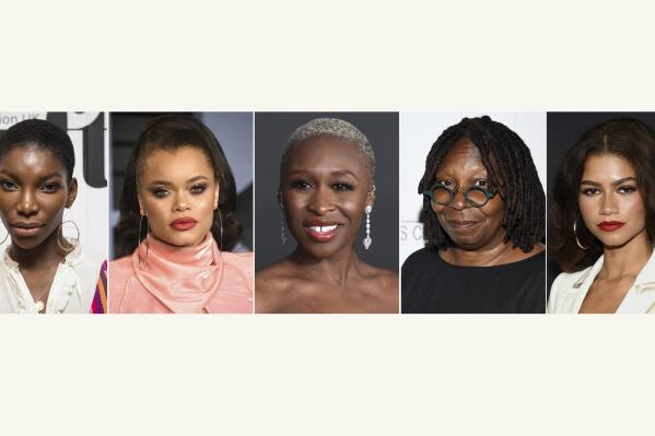 This combination photo shows actress Michaela Coel, from left, Andra Day, Cynthia Erivo, Whoopi Goldberg and Zendaya. Essence announced on Tuesday, March 30, 2021, that the actresses are among the honorees at this year's Essence Black Women in Hollywood event. The 14th annual ceremony will live stream on Essence.com on April 22 at 7 PM EST. (AP Photo)