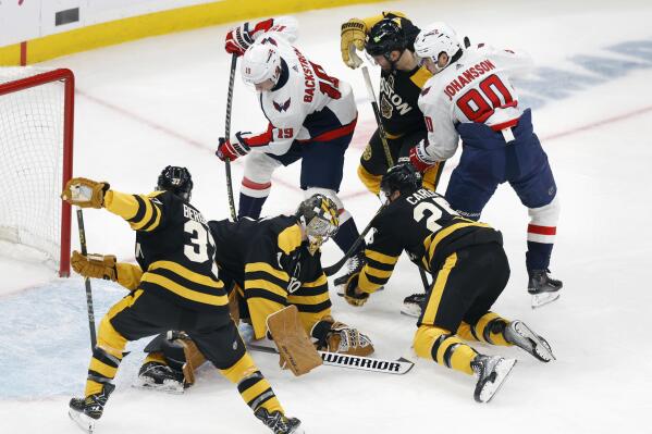 Washington Capitals' Nicklas Backstrom scores from behind Boston Bruins' Jeremy Swayman (1) during the first period of an NHL hockey game, Saturday, Feb. 11, 2023, in Boston. (AP Photo/Michael Dwyer)