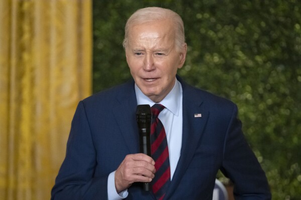 President Joe Biden speaks during a State Dinner at the White House in Washington, Thursday, May 2, 2024, to honor the 2024 National Teacher of the Year and other teachers from across the United States. (AP Photo/Mark Schiefelbein)