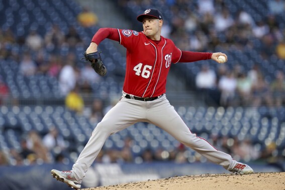 Washington Nationals starting pitcher Patrick Corbin delivers against the Pittsburgh Pirates in the second inning of a baseball game in Pittsburgh, Monday, Sept. 11, 2023. (AP Photo/Matt Freed)