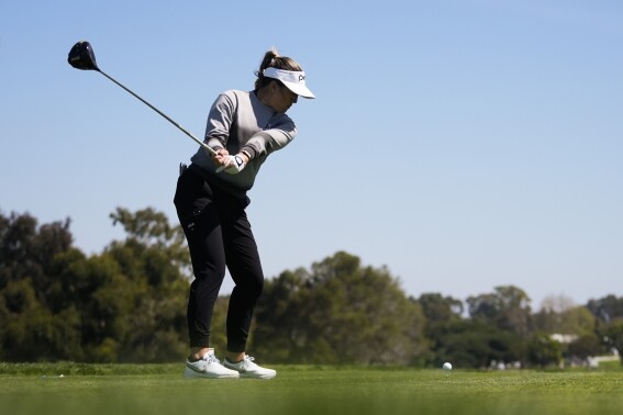 Malia Nam tees off at the 16th hole during the first round of LPGA's Fir Hills Seri Pak Championship golf tournament in Palos Verdes Estates, Calif., Thursday, March 21, 2024. (AP Photo/Ashley Landis)