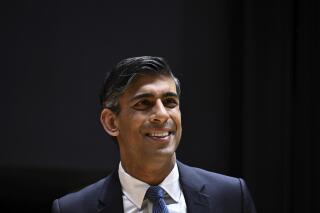 Britain's Prime Minister Rishi Sunak looks on during the London Defence Conference, at King's College, in central London, Tuesday May 23, 2023. (Ben Stansall/ Pool via AP)