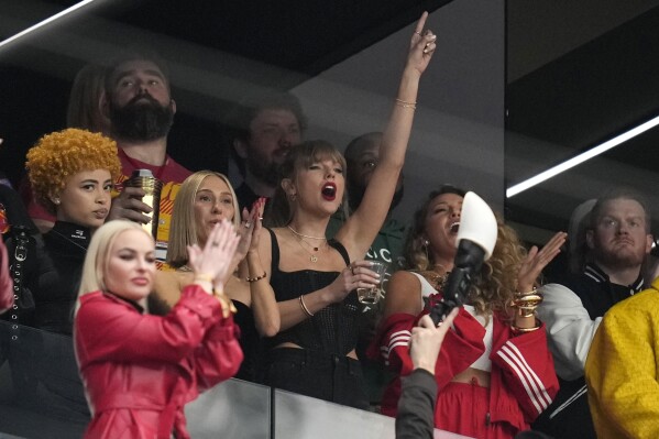 Taylor Swift reacts during the first half of the NFL Super Bowl 58 football game between the San Francisco 49ers and the Kansas City Chiefs on Sunday, Feb. 11, 2024, in Las Vegas. (AP Photo/Ashley Landis)