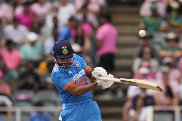 India's Shreyas Iyer bat slips out of his hand as he plays a high ball from South Africa's Nandre Burger, during the first One Day International cricket match between South Africa and India, at the Wanderers in Johannesburg, South Africa, Sunday, Dec. 17, 2023. (AP Photo/Themba Hadebe)
