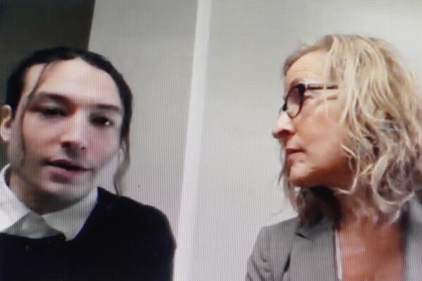 Actor Ezra Miller, left, is seated with attorney Lisa Shelkrot, right, as they appear Monday, Oct. 17, 2022, in a livestream video remotely from Burlington, Vt., during Miller's arraignment at superior court, in Bennington, Vt. Miller has pleaded not guilty to stealing bottles of liquor from a neighbor’s home in Vermont. (AP Photo/Steven Senne)