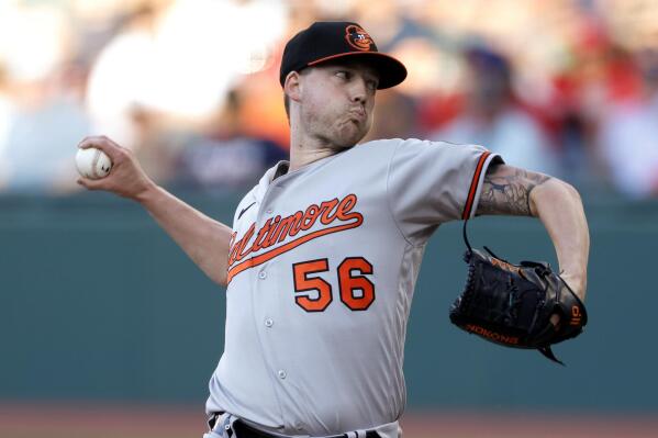 Baltimore Orioles starting pitcher Kyle Bradish delivers against the Cleveland Guardians during the first inning of a baseball game Thursday, Sept. 1, 2022, in Cleveland. (AP Photo/Ron Schwane)