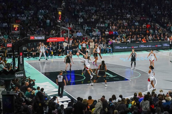 Las Vegas Aces forward Alysha Clark (7) goes up for a basket during the first half in Game 4 of a WNBA basketball final playoff series against the New York Liberty, Wednesday, Oct. 18, 2023, in New York. (AP Photo/Frank Franklin II)