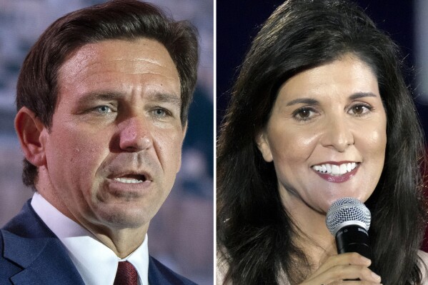 FILE - This combination of photos shows Republican presidential candidates, Florida Gov. Ron DeSantis, and former South Carolina UN Ambassador Nikki Haley. The fifth Republican presidential debate of the 2024 election season will also be its first head-to-head matchup. Florida Gov. Ron DeSantis and former United Nations Ambassador Nikki Haley are the only candidates taking part in Wednesday night’s debate in Iowa. (AP Photo, File)