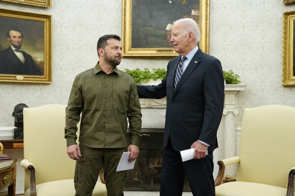 FILE - President Joe Biden meets with Ukrainian President Volodymyr Zelenskyy in the Oval Office of the White House, Thursday, Sept. 21, 2023, in Washington. (AP Photo/Evan Vucci, File)