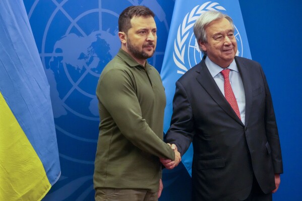 Ukraine President Volodymyr Zelenskyy, left, meets with United Nations Secretary-General Antonio Guterres, Tuesday, Sept. 19, 2023 at United Nations headquarters. (AP Photo/Mary Altaffer)