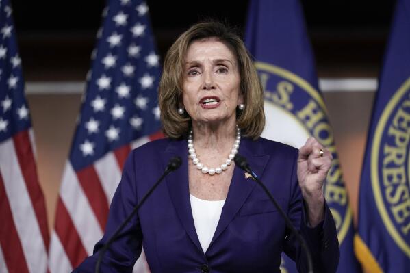 FILE - Speaker of the House Nancy Pelosi, D-Calif., speaks at a news conference as Democrats push to bring the assault weapons ban bill to the floor for a vote, at the Capitol in Washington, July 29, 2022. (AP Photo/J. Scott Applewhite, File)