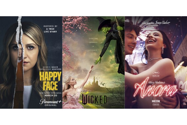 This combination of images shows promotional art for the series "Happy Face," the film "Wicked," and the film "Anora." (Paramount+/Universal Pictures/Neon via AP)