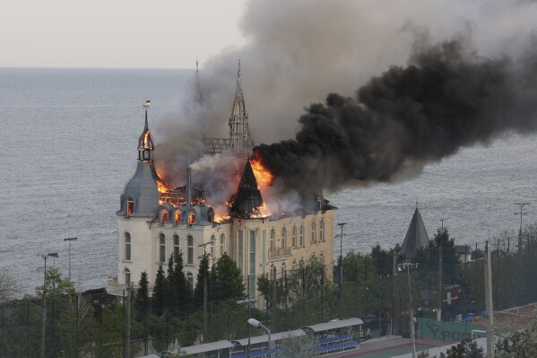 A building of the Odessa Law Academy is on fire after a Russian missile attack in Odessa, Ukraine, Monday, April 29, 2024. (AP Photo/Victor Sajenko)