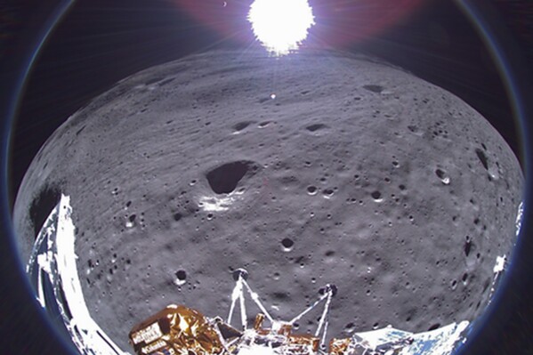 This image provided by Intuitive Machines shows a view from the Odysseus lunar lander made with a fisheye lens on Feb. 22, 2024. Before its power was depleted, Odysseus sent this photo in its farewell transmission, received on Thursday, Feb. 29. (Intuitive Machines via 麻豆传媒app)