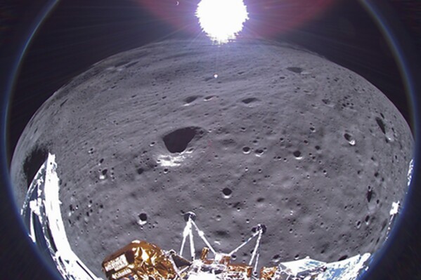 This image provided by Intuitive Machines shows a view from the Odysseus lunar lander made with a fisheye lens on Feb. 22, 2024. Before its power was depleted, Odysseus sent this photo in its farewell transmission, received on Thursday, Feb. 29. (Intuitive Machines via AP)