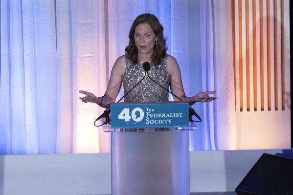 Supreme Court Associate Justice Amy Coney Barrett speaks during the Federalist Society's 40th Anniversary at Union Station in Washington, Monday, Nov. 10, 2022. ( AP Photo/Jose Luis Magana)