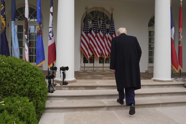 President Donald Trump departs after signing an executive order at an event to announce new tariffs in the Rose Garden of the White House, Wednesday, April 2, 2025, in Washington. (AP Photo/Evan Vucci)