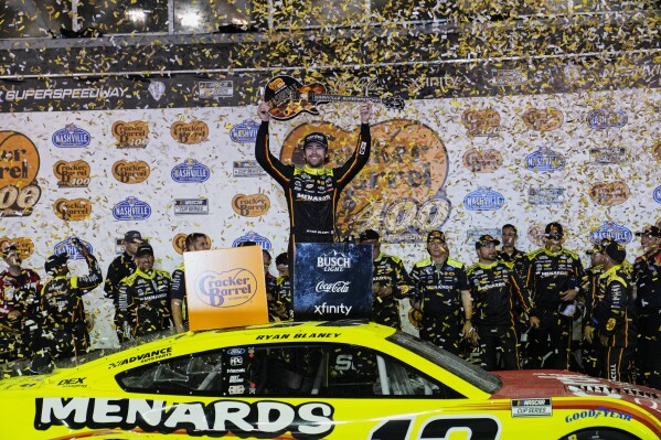 Ryan Blaney celebrates after winning a NASCAR Cup Series auto race Sunday, June 1, 2025, in Lebanon, Tenn. (AP Photo/George Walker IV)
