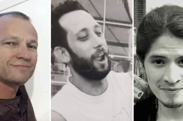 This combo from photos provided by Hostages Families Forum Headquarters shows from left, Michel Nisenbaum, 59, Hanan Yablonka, 42, and Oryon Hernandez Radoux, 30. The bodies of three more hostages killed on Oct 7. were recovered overnight from Gaza, Israel's army said Friday May 24, 2024. (Hostages Families Forum Headquarters via AP)