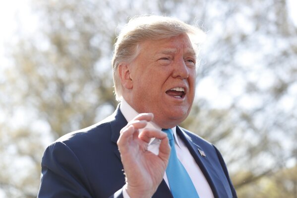 
              President Donald Trump speaks to members of the media on the South Lawn of the White House in Washington, before boarding Marine One helicopter, Wednesday, April 10, 2019. (AP Photo/Pablo Martinez Monsivais)
            