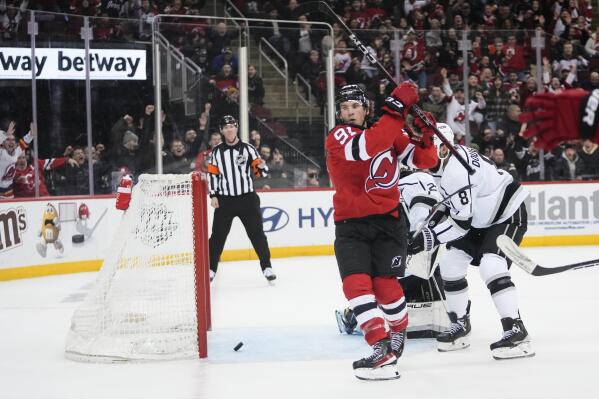 New Jersey Devils' Dawson Mercer (91) celebrates with Erik Haula after  scoring a goal against the New York Rangers during the second period of  Game 5 of an NHL hockey Stanley Cup