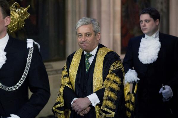 FILE - Britain's Speaker of the House of Commons John Bercow walks through Central Lobby before Britain's Queen Elizabeth II delivers the Queen's Speech, at the State Opening of Parliament at the Palace of Westminster in London, Wednesday, June 4, 2014. A U.K. parliamentary report says former House of Commons Speaker John Bercow is a “serial bully” who should never again be granted an access pass to Parliament. The independent expert panel upheld earlier findings by Parliament's standards commissioner that Bercow had bullied members of his staff. (AP Photo/Matt Dunham, Pool, File)