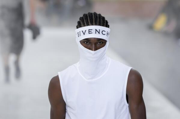 A model wears a creation as part of the Givenchy men's Spring Summer 2023 collection presented in Paris, France, Wednesday, June 22, 2022. (AP Photo/Francois Mori)