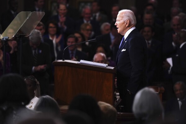 President Joe Biden delivers the State of the Union address to a joint session of Congress at the Capitol, Thursday, March 7, 2024, in Washington. (Shawn Thew/Pool via AP)