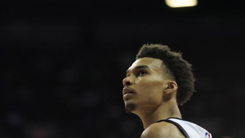 San Antonio Spurs' Victor Wembanyama looks on during the second half of an NBA summer league basketball game against the Charlotte Hornets, Friday, July 7, 2023, in Las Vegas. (AP Photo/John Locher)