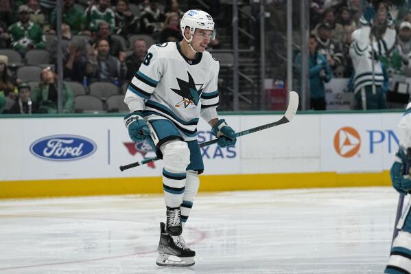 San Jose Sharks right wing Timo Meier celebrates after scoring against the Dallas Stars in the second period of an NHL hockey game in Dallas, Friday, Nov. 11, 2022. (AP Photo/Tony Gutierrez)