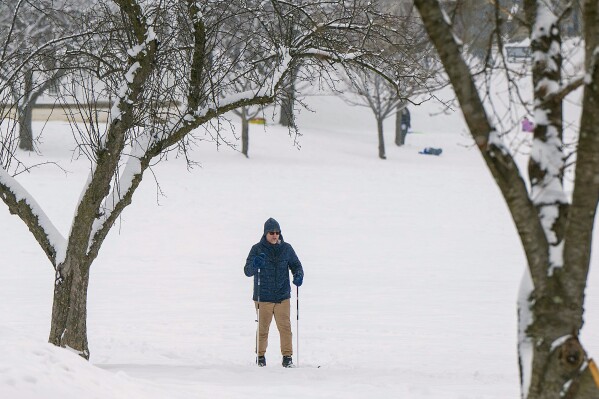 Mark Palmquist cross country skis through the snowfall Friday, Jan. 19, 2024 at Baker Park in Frederick, Md. (Ric Dugan/The Frederick News-Post via AP)