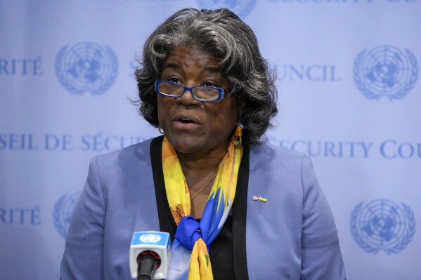 Linda Thomas-Greenfield, United States Ambassador to the United Nations, speaks after a meeting of the United Nations Security Council to discuss the war in Ukraine, Thursday, Aug. 24, 2023, at United Nations headquarters. (AP Photo/John Minchillo)