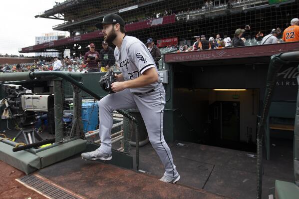 Chicago White Sox starting pitcher Lucas Giolito takes the field to warm up before of a baseball game against the San Francisco Giants, Sunday, July 3, 2022, in San Francisco. (AP Photo/D. Ross Cameron)