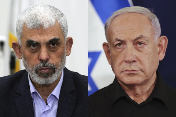 This combination of photos shows Yahya Sinwar, head of Hamas in Gaza, in Gaza City, Wednesday, April 13, 2022, left, and Israeli Prime Minister Benjamin Netanyahu in Tel Aviv, Israel on Oct. 28, 2023. (AP Photo)