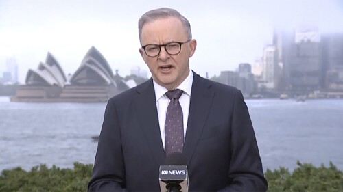 In this video image, Australian Prime Minister Anthony Albanese speaks in Sydney on Wednesday, July 5, 2023. Albanese criticized Hong Kong authorities for their persecution of two pro-democracy activists living in Australia.  (Australian Broadcasting Corp. via AP)