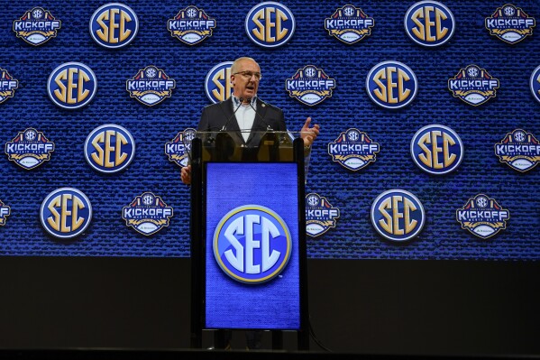 SEC Commissioner Greg Sankey speaks during the NCAA college football Southeastern Conference Media Days, Monday, July 17, 2023, in Nashville, Tenn. (AP Photo/George Walker IV)